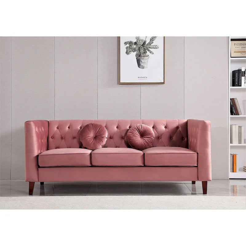 Canapé Chesterfield touffeté en velours avec pieds en bois et coussins décoratifs