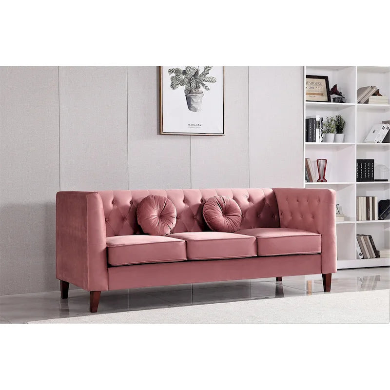 Canapé Chesterfield touffeté en velours avec pieds en bois et coussins décoratifs