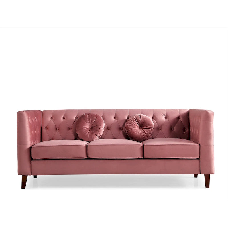 Canapé Chesterfield touffeté en velours avec pieds en bois et coussins décoratifs