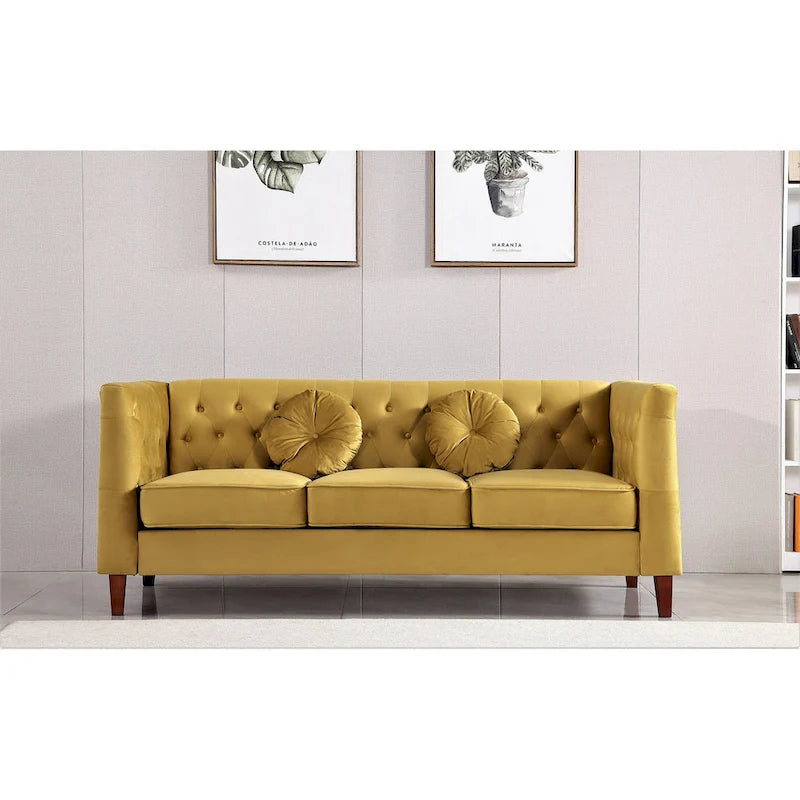 Canapé Chesterfield touffeté en velours avec pieds en bois et coussins décoratifs