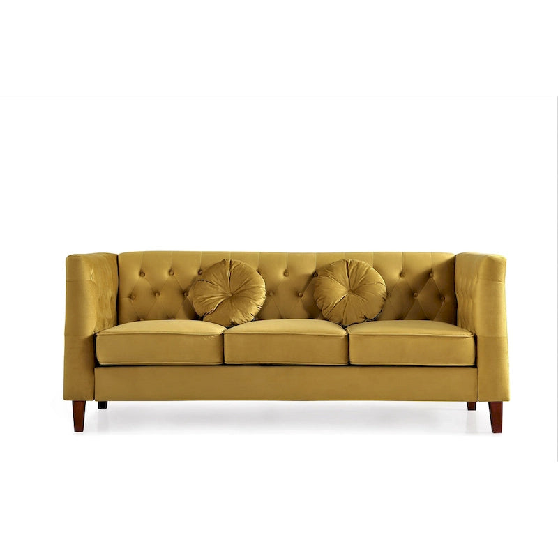Canapé Chesterfield touffeté en velours avec pieds en bois et coussins décoratifs