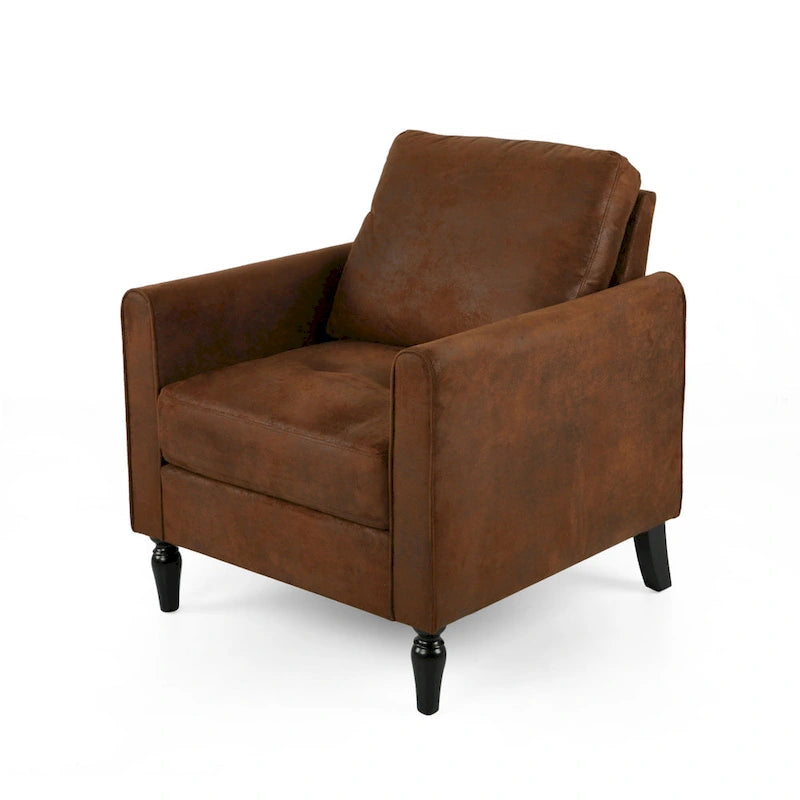 Fauteuil club d'appoint en microfibre marron avec dossier coussiné et pieds tournés noirs