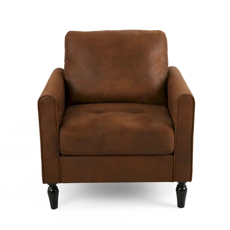 Fauteuil club d'appoint en microfibre marron avec dossier coussiné et pieds tournés noirs