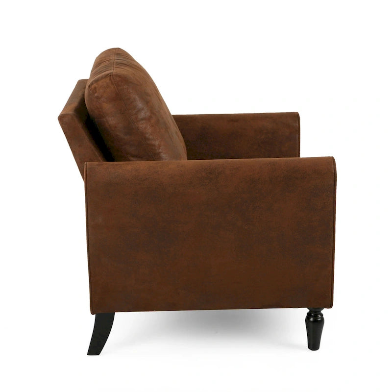Fauteuil club d'appoint en microfibre marron avec dossier coussiné et pieds tournés noirs