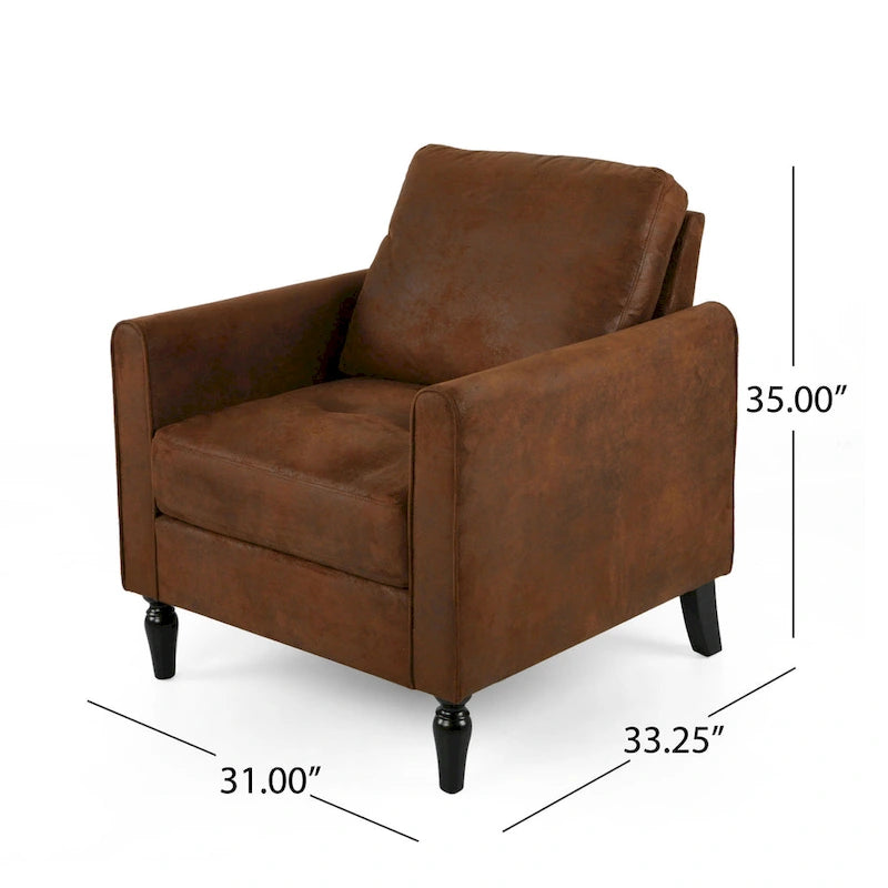Fauteuil club d'appoint en microfibre marron avec dossier coussiné et pieds tournés noirs