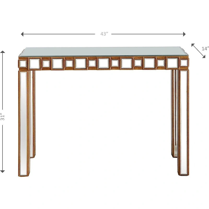 Console rectangulaire miroir avec pieds géométriques en verre doré