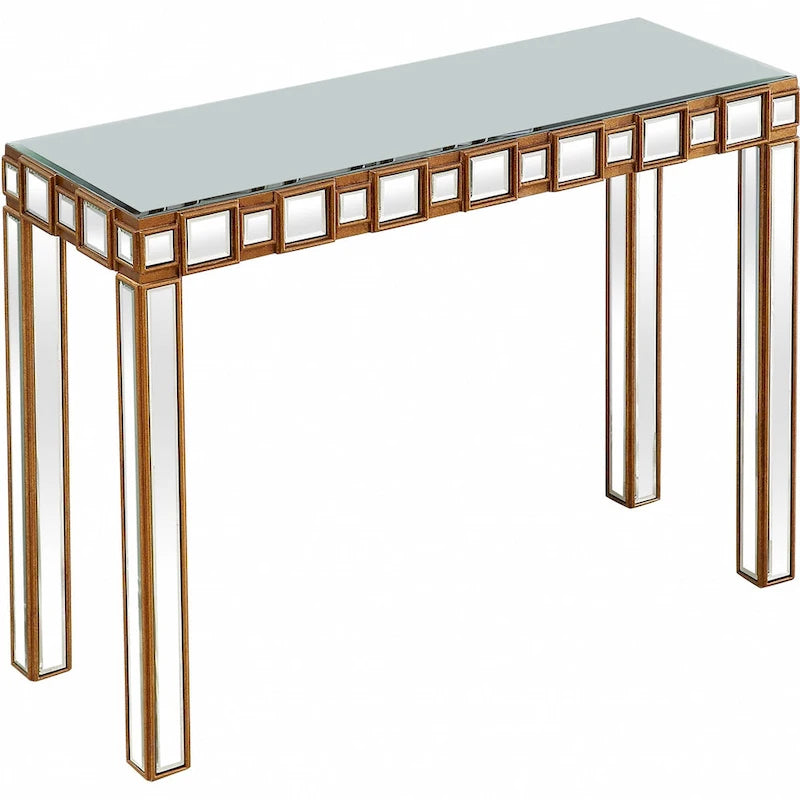 Console rectangulaire miroir avec pieds géométriques en verre doré
