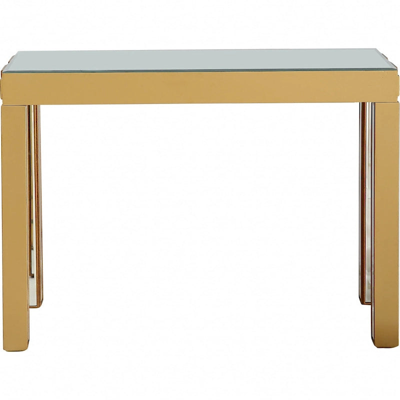 Console rectangulaire miroir avec pieds géométriques en verre doré