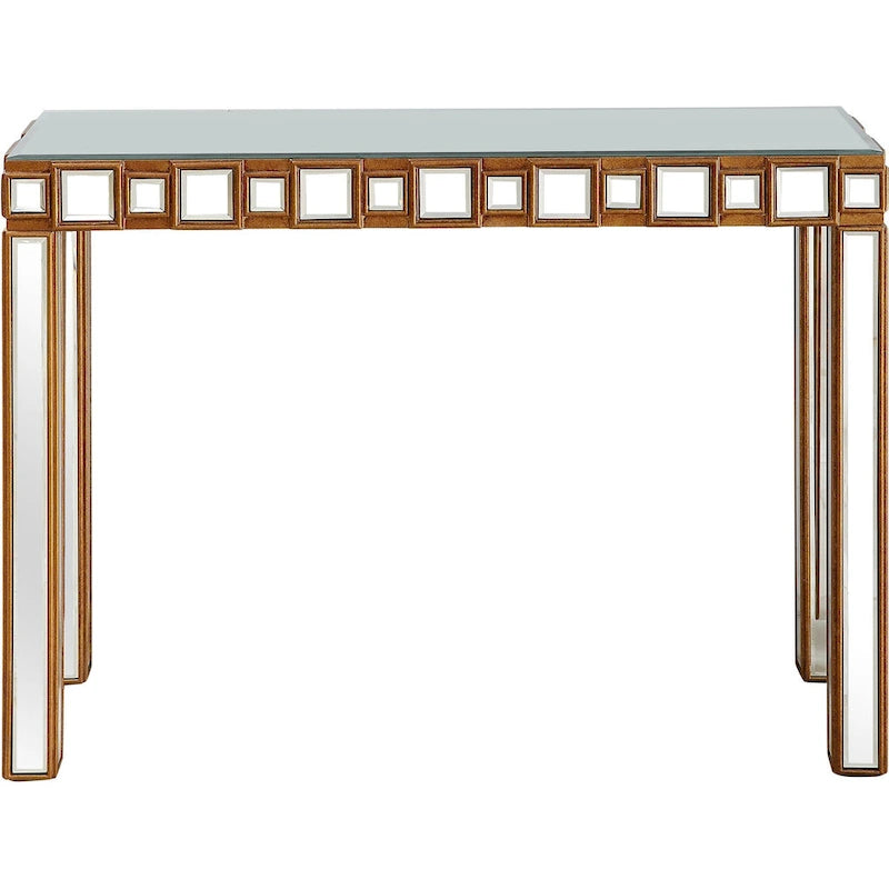 Console rectangulaire miroir avec pieds géométriques en verre doré
