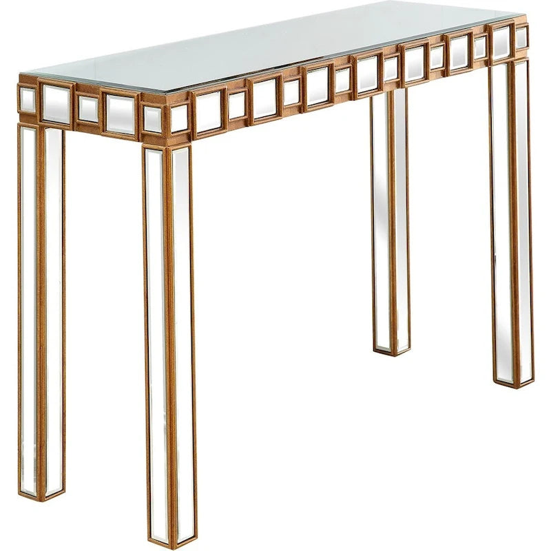 Console rectangulaire miroir avec pieds géométriques en verre doré