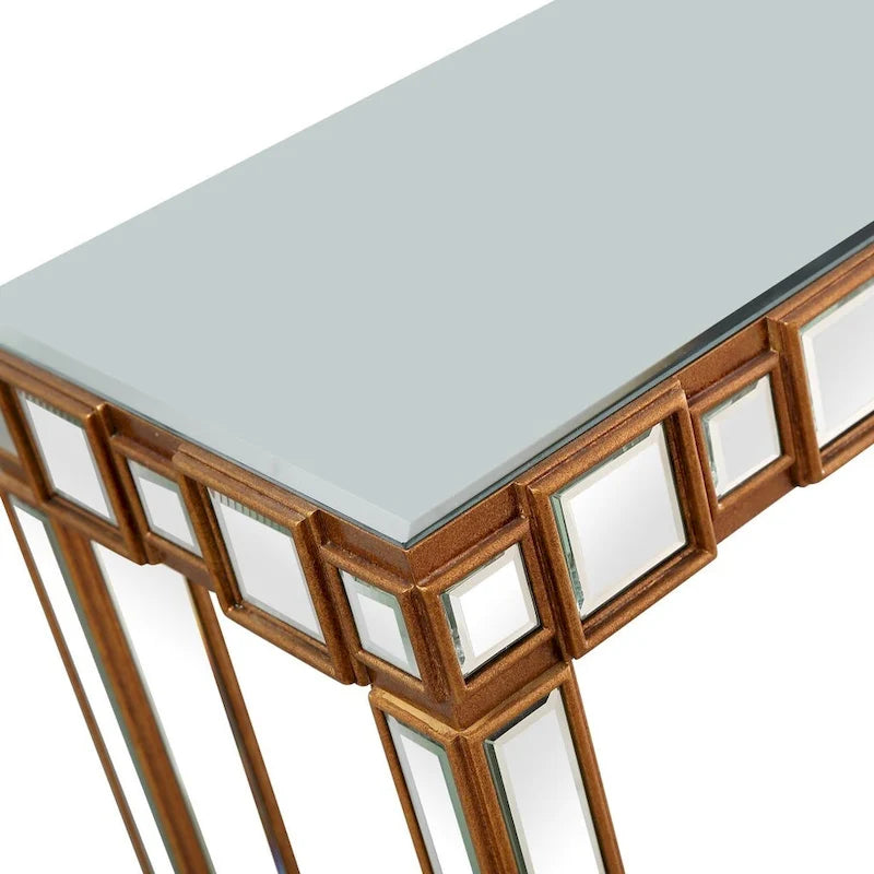 Console rectangulaire miroir avec pieds géométriques en verre doré