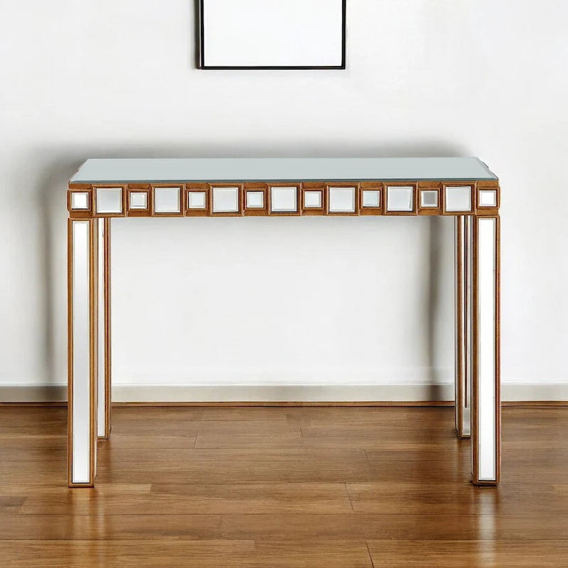 Console rectangulaire miroir avec pieds géométriques en verre doré