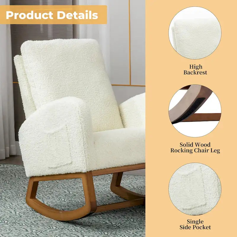 Fauteuil à bascule haut dossier en tissu Teddy crème, base en bois massif, poche latérale