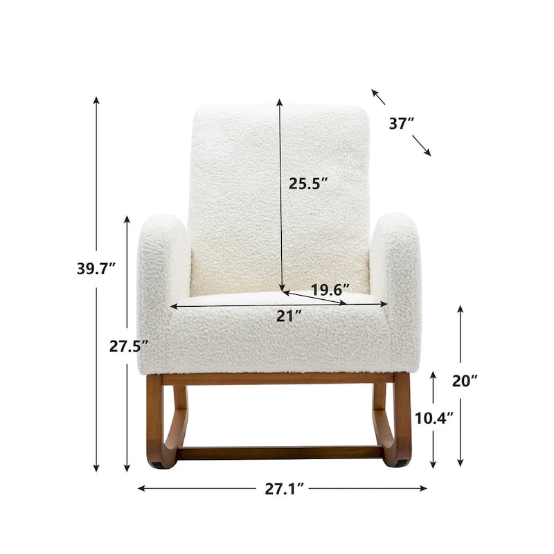 Fauteuil à bascule haut dossier en tissu Teddy crème, base en bois massif, poche latérale