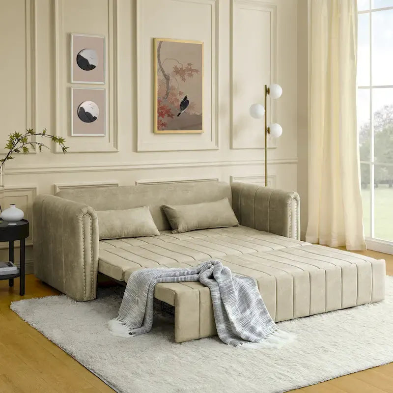 Modern Upholstered 3 in 1 Pull-Out Bed Sleeper w/ Rolled Arms Decorated & Copper Nails, Convertible Futon 3 Seats Daybed, Black