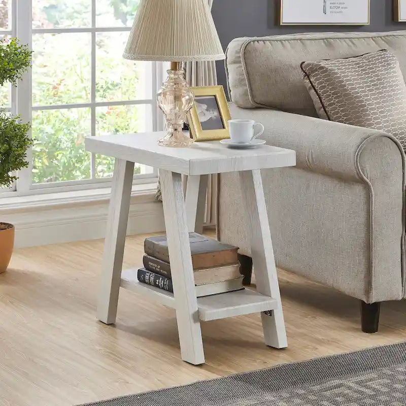 Table d'appoint rectangulaire avec étagère inférieure et pieds évasés larges, blanc