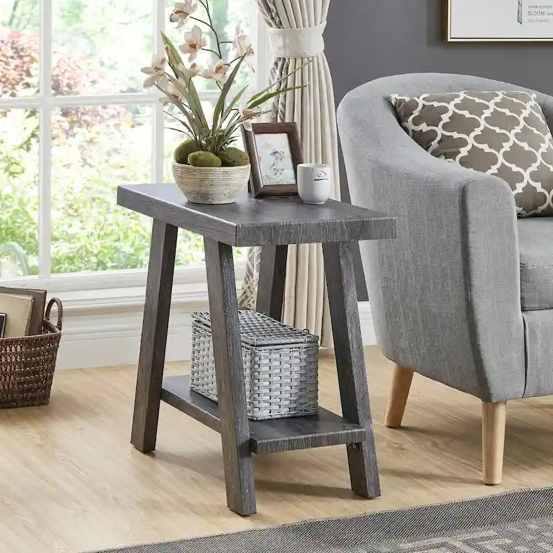 Table d'appoint rectangulaire avec étagère inférieure et pieds évasés larges, blanc