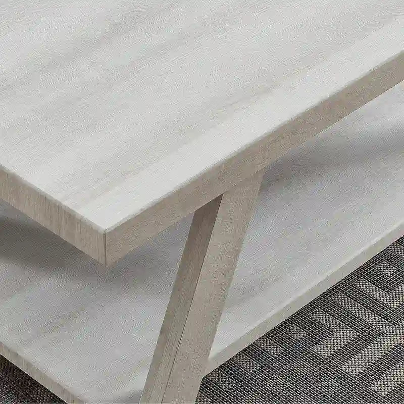 Table d'appoint rectangulaire avec étagère inférieure et pieds évasés larges, blanc