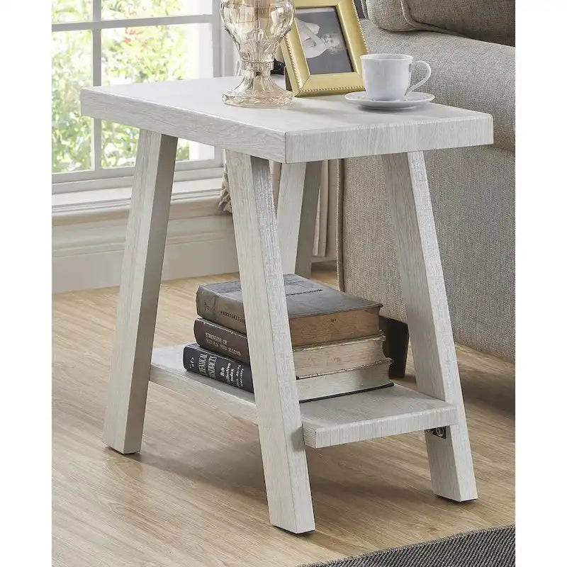 Table d'appoint rectangulaire avec étagère inférieure et pieds évasés larges, blanc