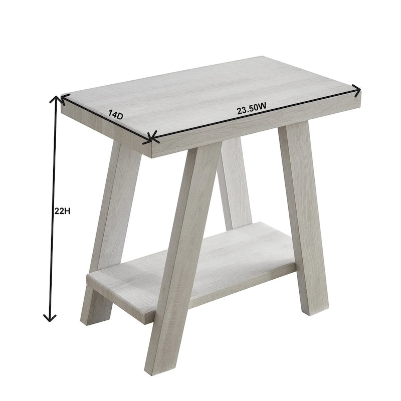 Table d'appoint rectangulaire avec étagère inférieure et pieds évasés larges, blanc