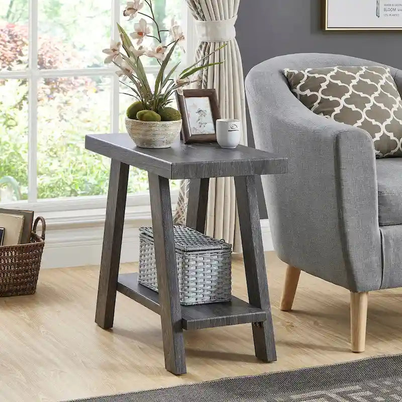 Table d'appoint rectangulaire avec étagère inférieure et pieds évasés larges, blanc