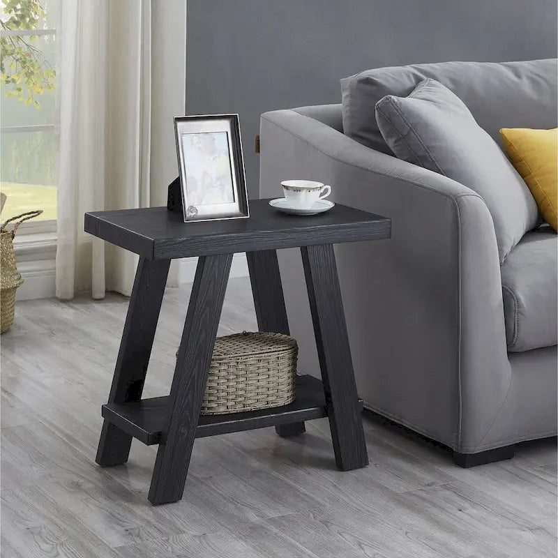 Table d'appoint rectangulaire avec étagère inférieure et pieds évasés larges, blanc