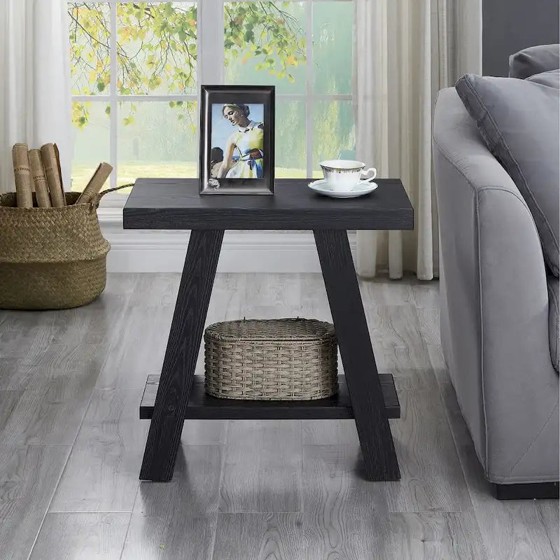 Table d'appoint rectangulaire avec étagère inférieure et pieds évasés larges, blanc