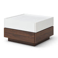 Table basse carrée à plateau coulissant avec rangement caché et tiroirs, blanc et noyer