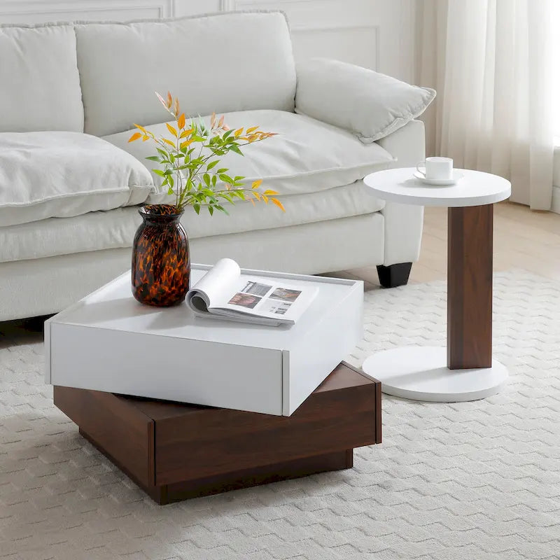 Table basse carrée à plateau coulissant avec rangement caché et tiroirs, blanc et noyer