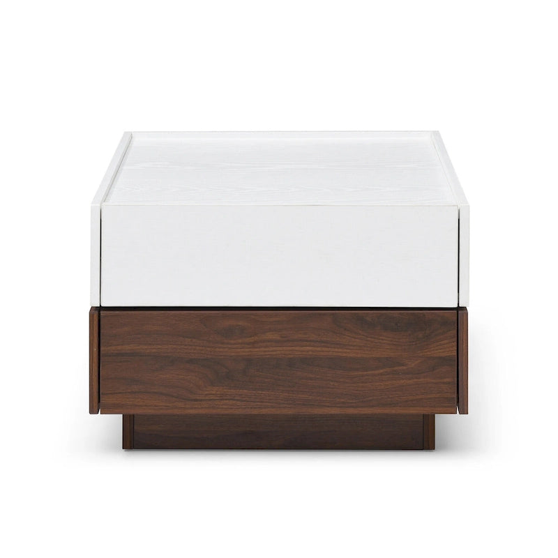 Table basse carrée à plateau coulissant avec rangement caché et tiroirs, blanc et noyer