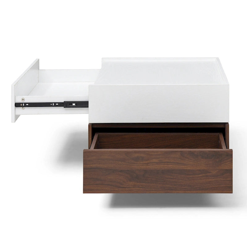 Table basse carrée à plateau coulissant avec rangement caché et tiroirs, blanc et noyer