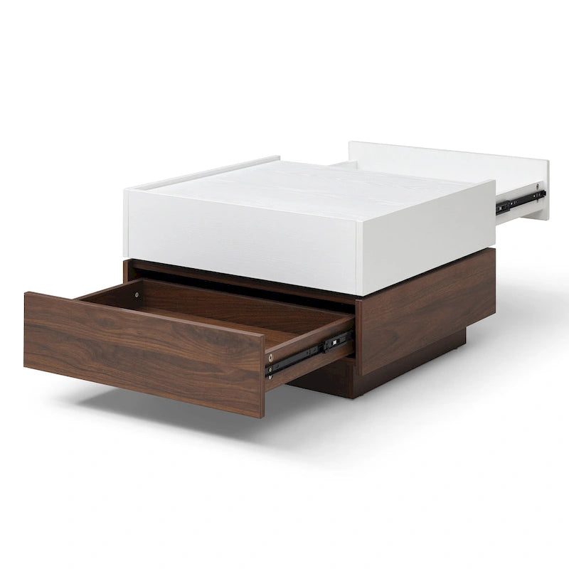Table basse carrée à plateau coulissant avec rangement caché et tiroirs, blanc et noyer
