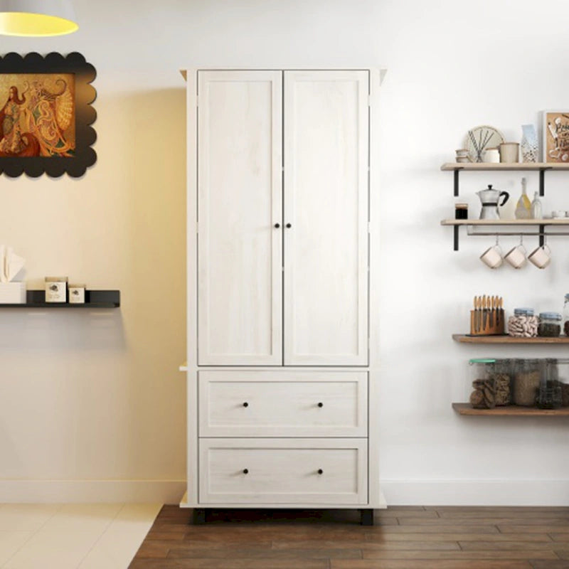 Armoire de cuisine haute blanche avec doubles portes et tiroirs