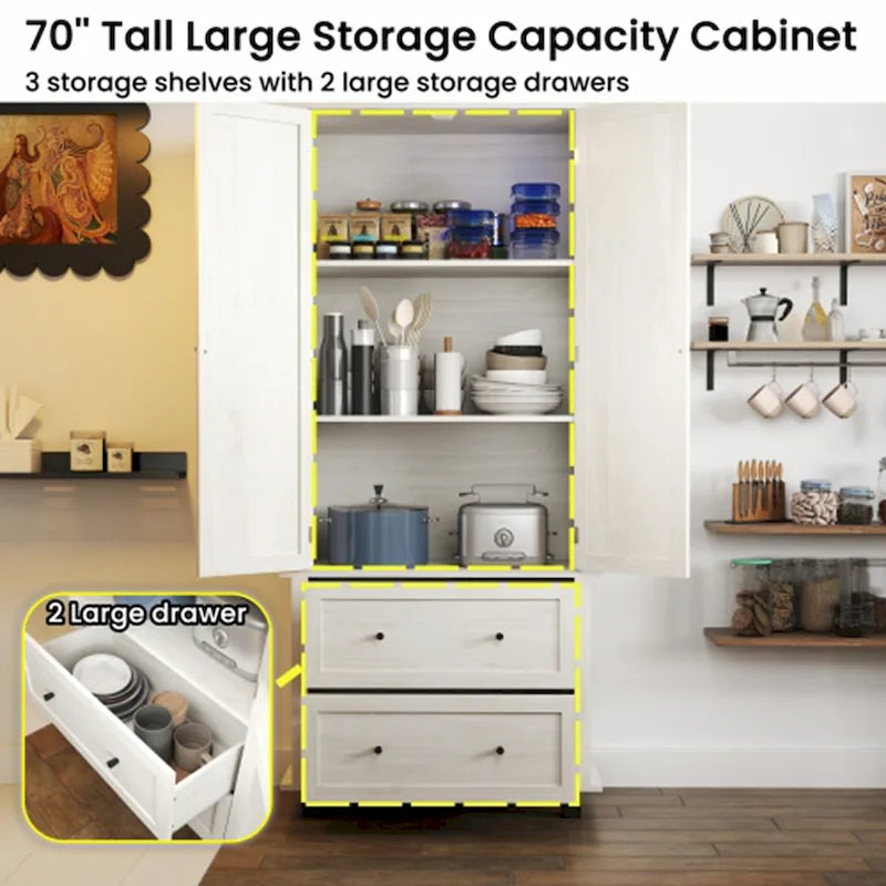 Armoire de cuisine haute blanche avec doubles portes et tiroirs