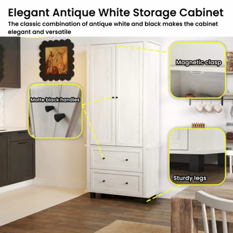 Armoire de cuisine haute blanche avec doubles portes et tiroirs