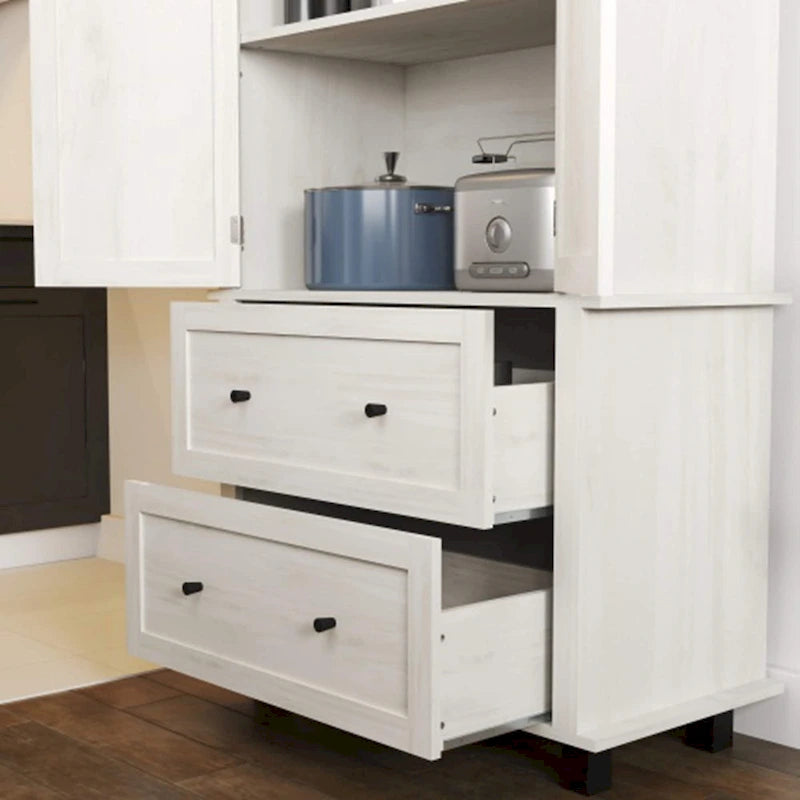 Armoire de cuisine haute blanche avec doubles portes et tiroirs