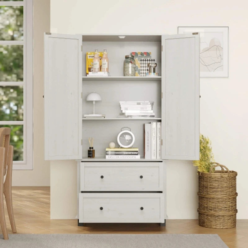Armoire de cuisine haute blanche avec doubles portes et tiroirs
