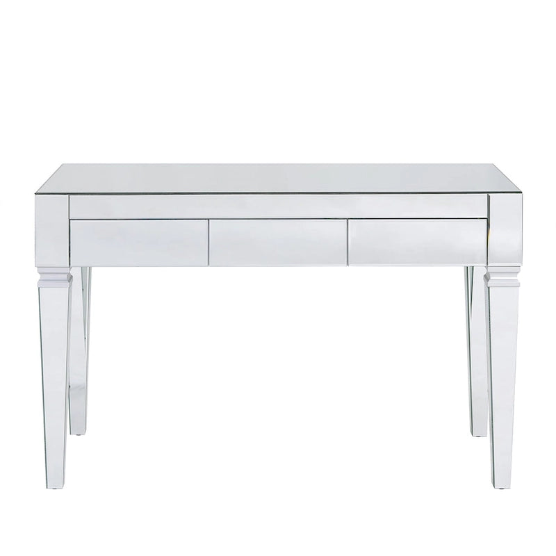 Bureau d'écriture glamour avec miroir et trois tiroirs, finition biseautée argentée
