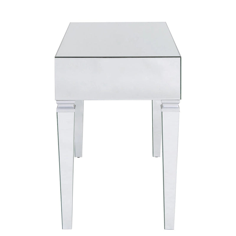 Bureau d'écriture glamour avec miroir et trois tiroirs, finition biseautée argentée