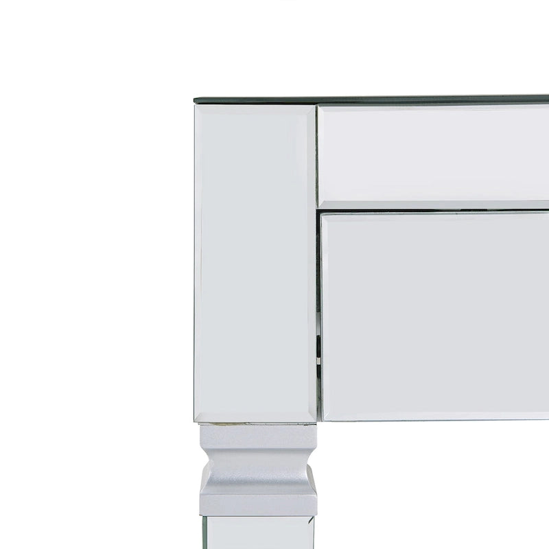 Bureau d'écriture glamour avec miroir et trois tiroirs, finition biseautée argentée