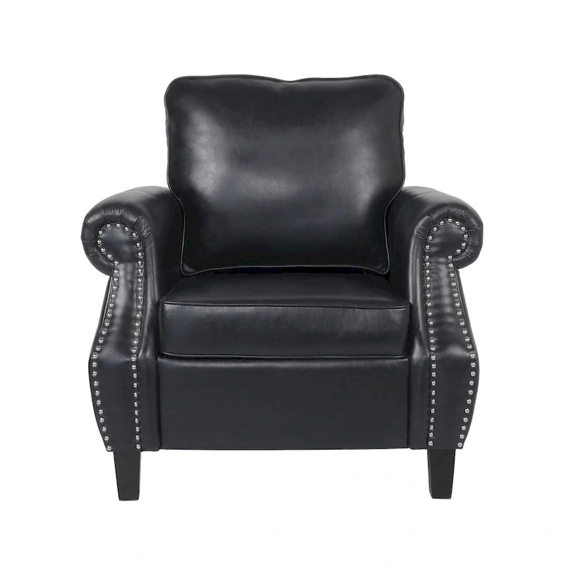 Fauteuil club en similicuir marron cognac avec cloutage et accoudoirs roulés