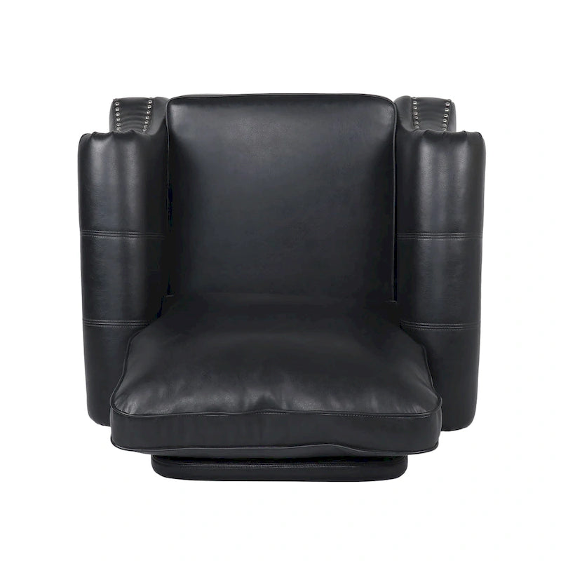 Fauteuil club en similicuir marron cognac avec cloutage et accoudoirs roulés
