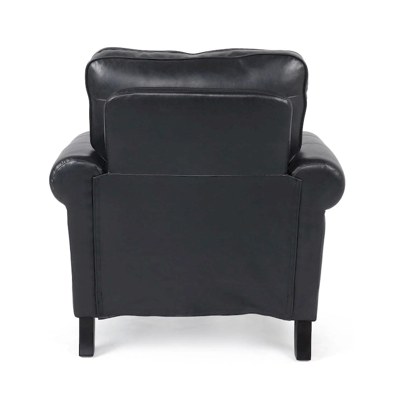Fauteuil club en similicuir marron cognac avec cloutage et accoudoirs roulés