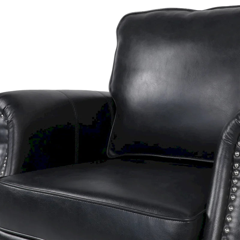 Fauteuil club en similicuir marron cognac avec cloutage et accoudoirs roulés
