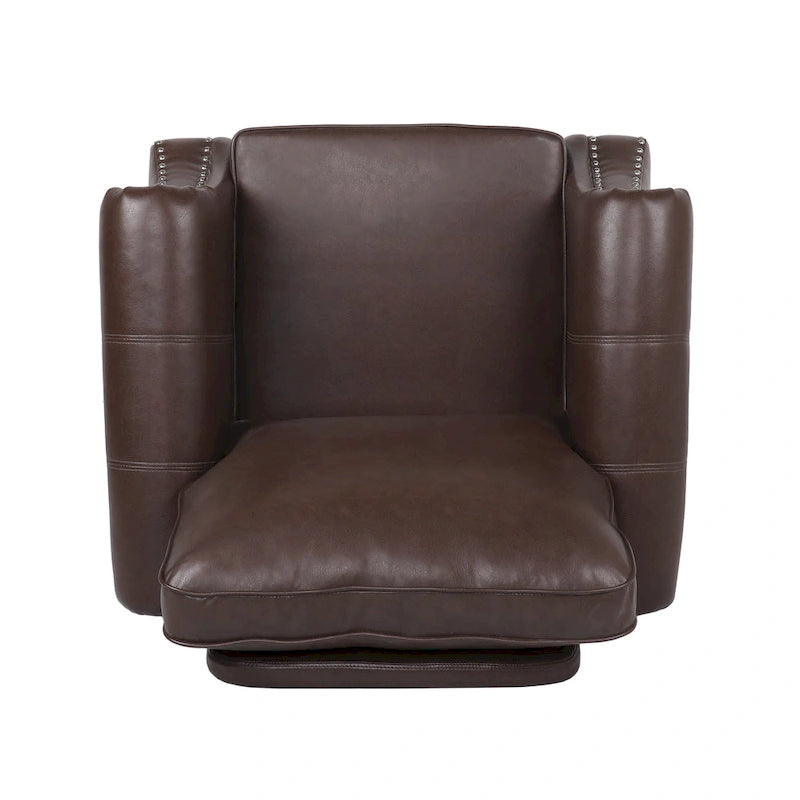 Fauteuil club en similicuir marron cognac avec cloutage et accoudoirs roulés