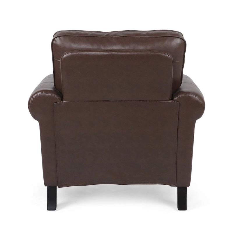 Fauteuil club en similicuir marron cognac avec cloutage et accoudoirs roulés