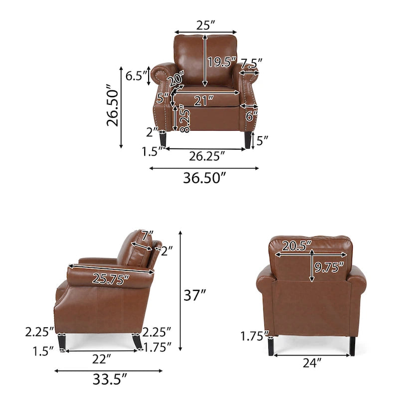 Fauteuil club en similicuir marron cognac avec cloutage et accoudoirs roulés