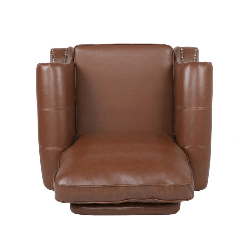 Fauteuil club en similicuir marron cognac avec cloutage et accoudoirs roulés