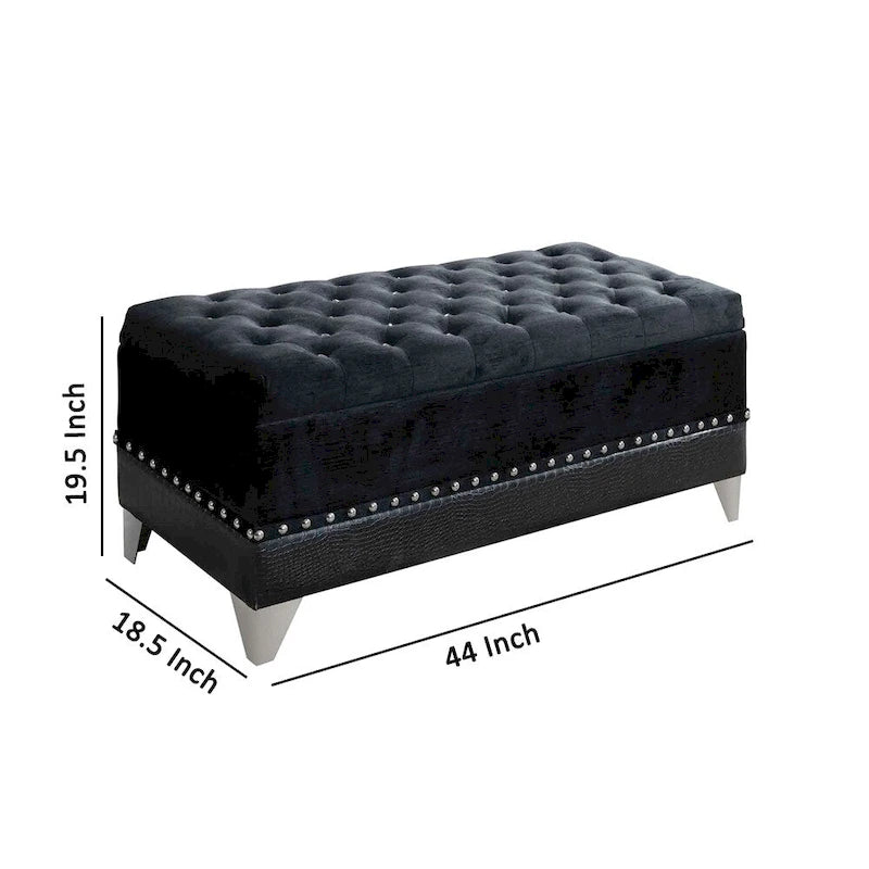 Banc de rangement capitonné noir avec garniture cloutée et pieds en métal