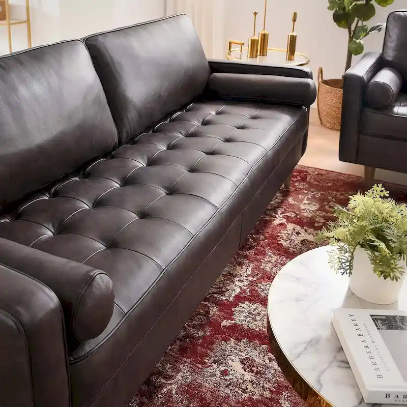 Canapé en cuir pleine fleur avec capitonnage biscuit, style Mid-Century
